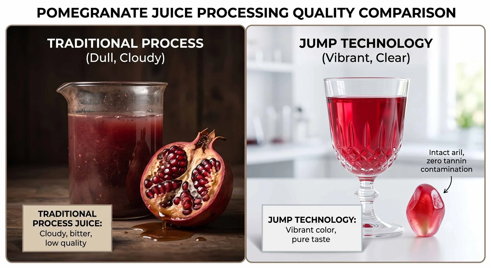 Traditional VS JUMP Tech Pomegranate Juice Product Quality Contrast Traditional VS JUMP Tech Pomegranate Juice Product Quality Contrast